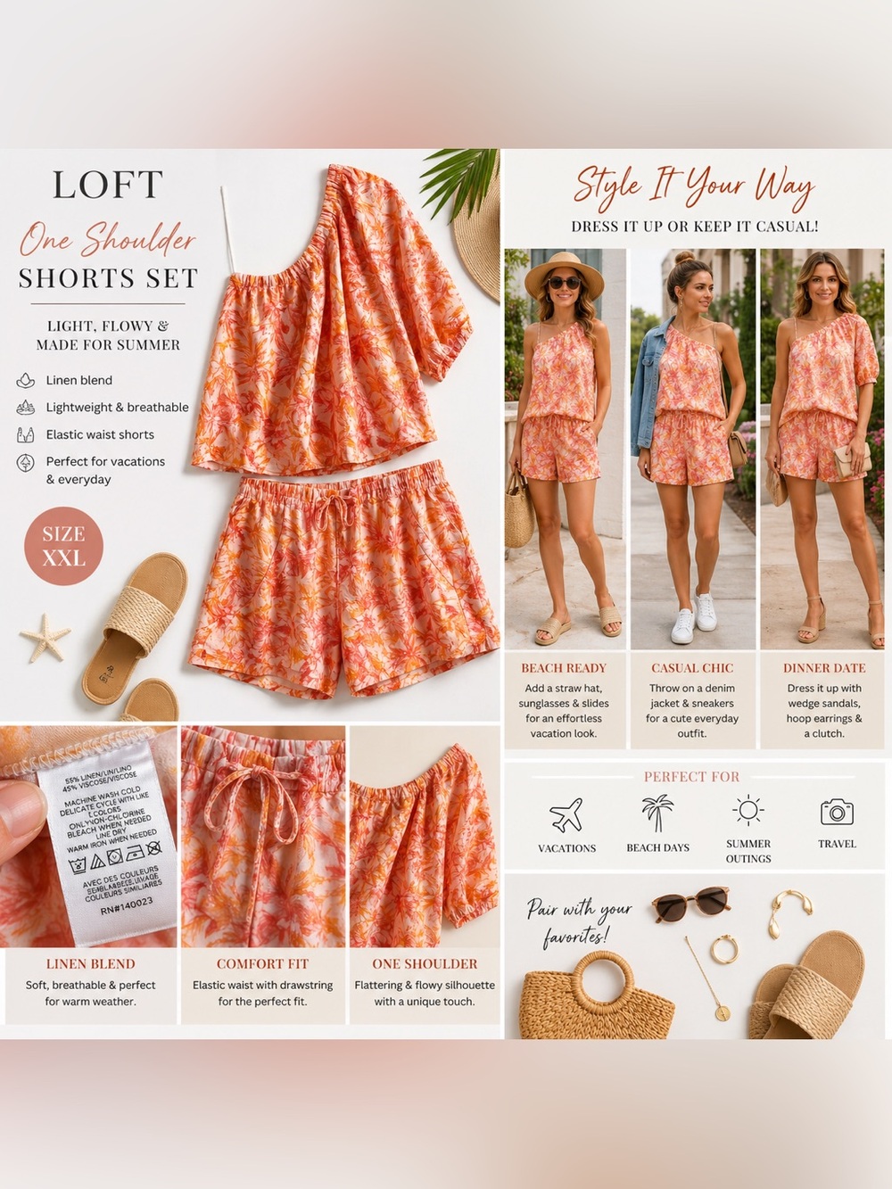 LOFT Linen Blend One Shoulder Top & Shorts Set XXL Orange Floral Matching Set - Picture 3 of 15